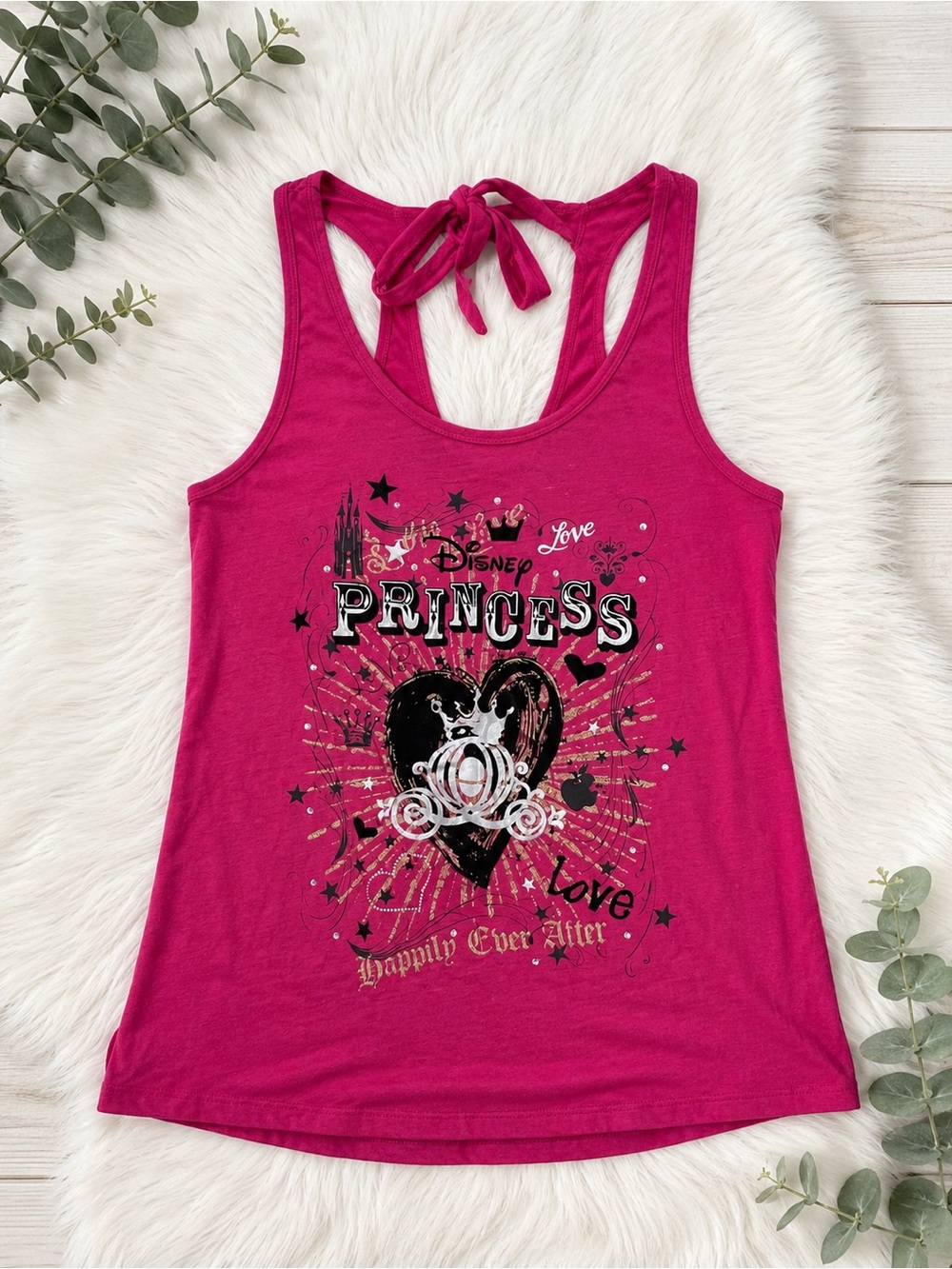 Sz M Disney Couture Disney Princess Open Back Tank Top Pink Graphic Tie Back - Picture 4 of 6